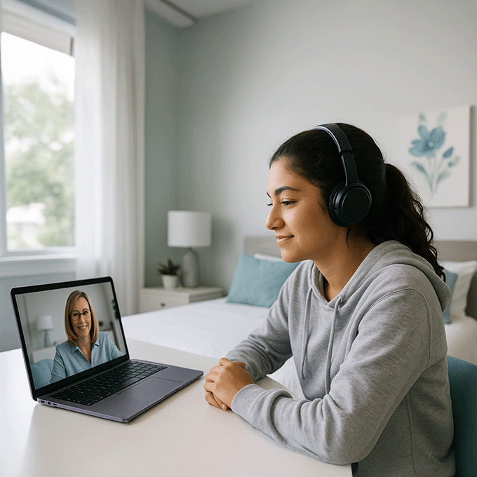 A teenage girl at home in a teletherapy session.