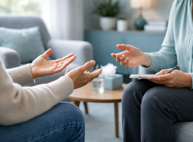 A warm therapeutic consultation scene with an anxiety therapist and patient.