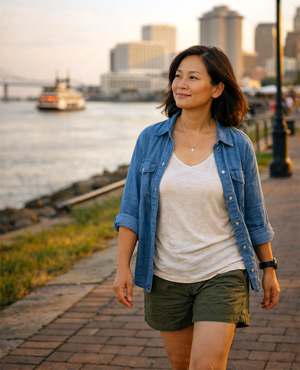 A female in her early 40s taking a walk along the Mississippi River waterfront in New Orleans.