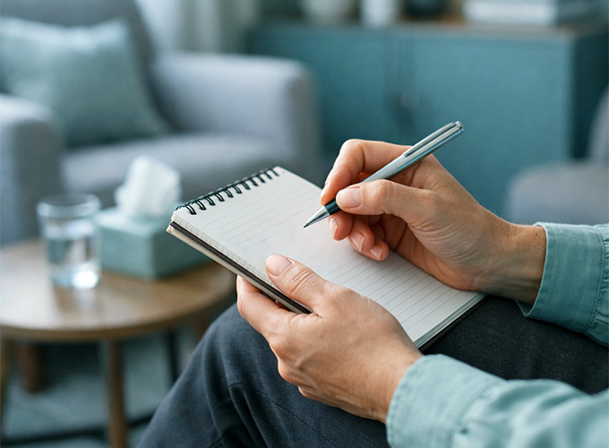 Close up of an anxiety therapist's hands taking notes during an initial consultation with a new client.