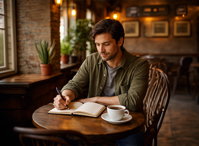 A male in his 30's writing reflectively at a quiet café table, reflecting ongoing self-discovery and growth over time through his depression therapy sessions.