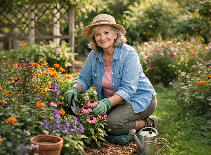 An older woman enjoying a moment of peaceful solitude outdoors while she gardens.