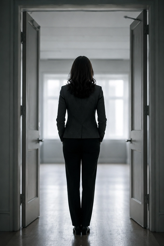A female standing at the threshold.