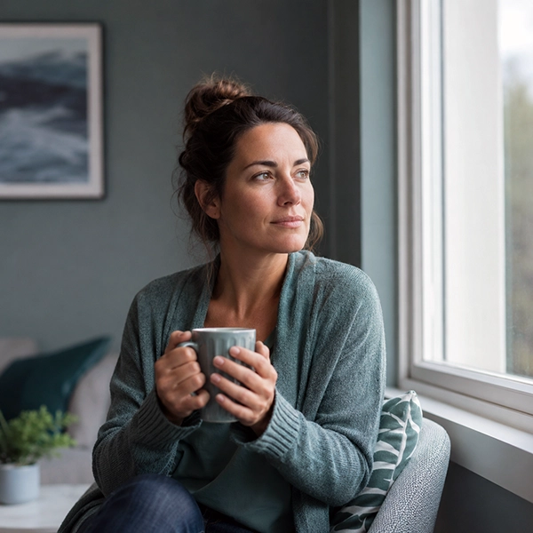 Adult female sitting calmly by a window holding a mug, reflecting on managing their mental health and substance use recovery.