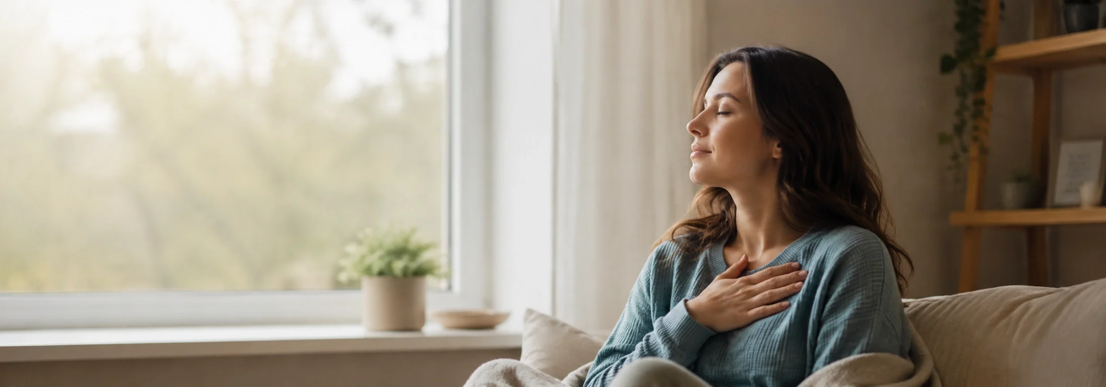 A female practicing breathing techniques to deal with the physical effects of anxiety.