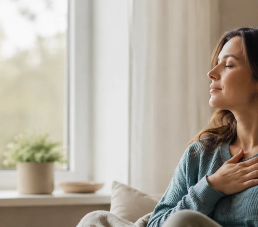 A female practicing breathing techniques to deal with the physical effects of anxiety.