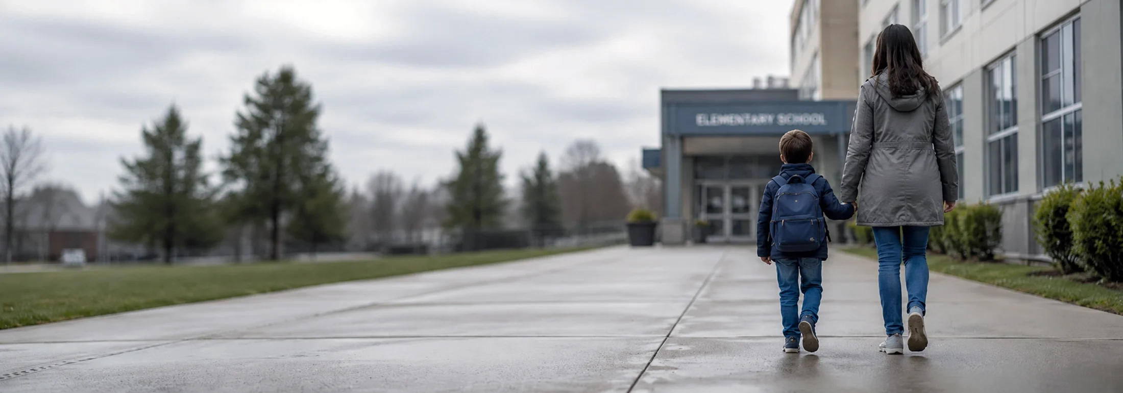 A mother walking her young son to elementary school.
