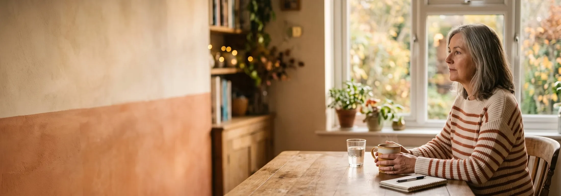 Woman seated at a sunlit wooden kitchen table with a mug of tea, a glass of water and a notebook, quietly reflecting on whether her drinking is a problem