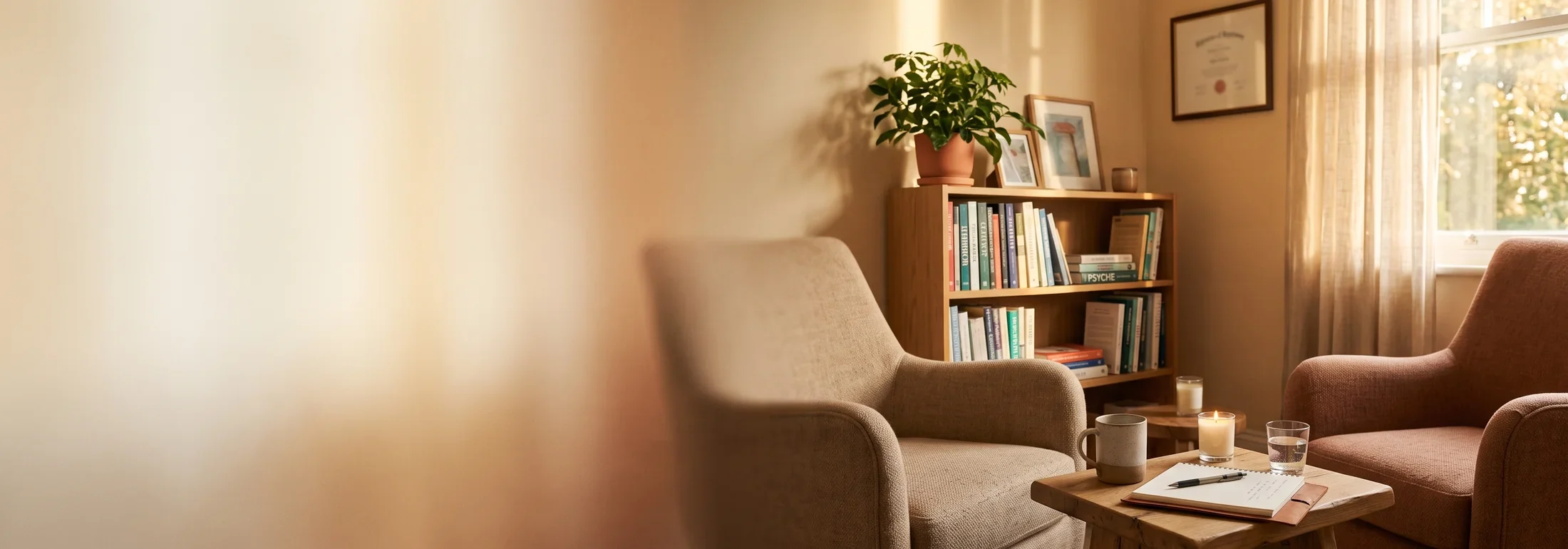 A warm, sunlit therapy office with two armchairs, a notepad, and psychology books, illustrating the choice between a psychologist vs. therapist vs. psychiatrist.