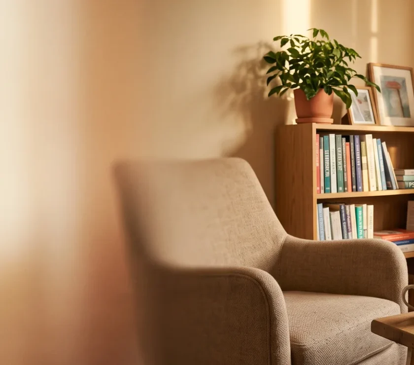 A warm, sunlit therapy office with two armchairs, a notepad, and psychology books, illustrating the choice between a psychologist vs. therapist vs. psychiatrist.