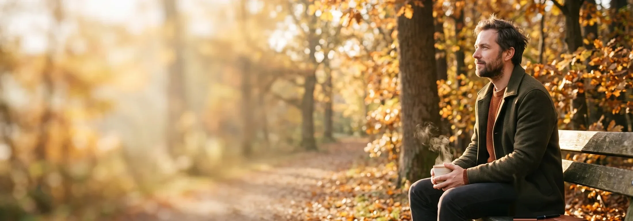 Man sitting on a park bench among autumn trees in warm morning light, holding a cup and reflecting calmly, illustrating the signs of unresolved trauma and the possibility of healing